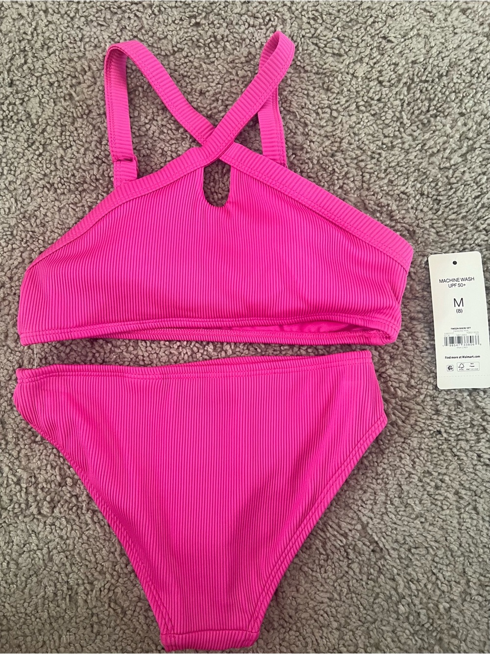 Ribbed Cross-Back Bikini Set in Hot Pink